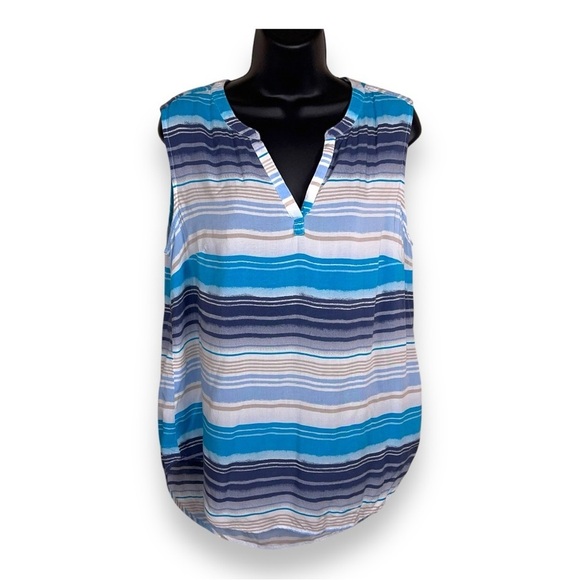 LARGE NORTHCREST BLUE STRIPED SLEEVELESS TOP VNECK LIGHTWEIGHT OMBRÉ - Picture 1 of 12